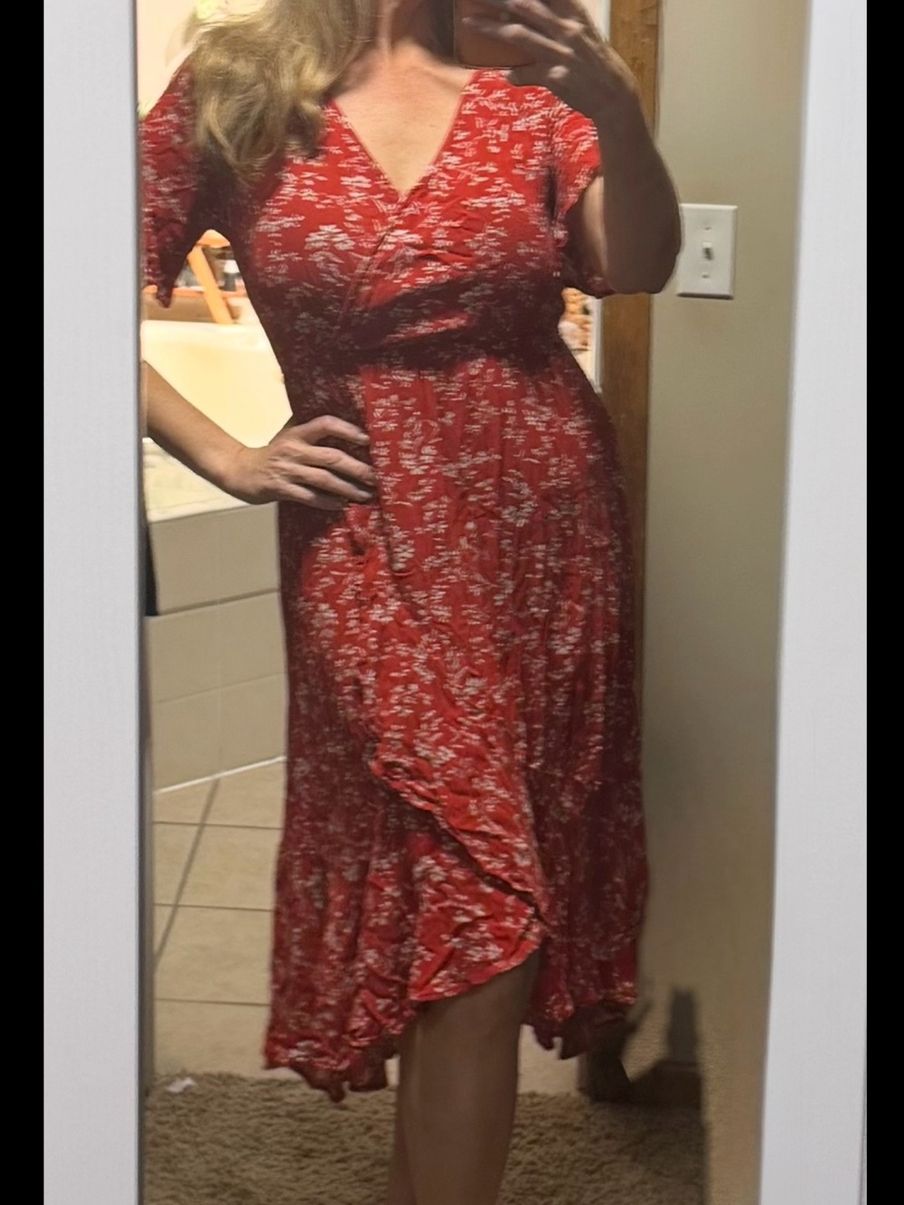 Kori Red Floral Wrap-Style Midi Dress